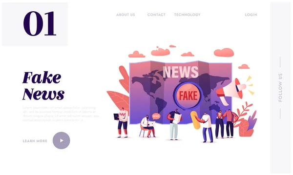 False notizie e Gossips Landing Page Template. Persone minuscole che leggono giornali e informazioni sui social media in Internet, falso concetto di fabbricazione di informazioni con personaggi dei cartoni animati. Illustrazione vettoriale — Vettoriale Stock