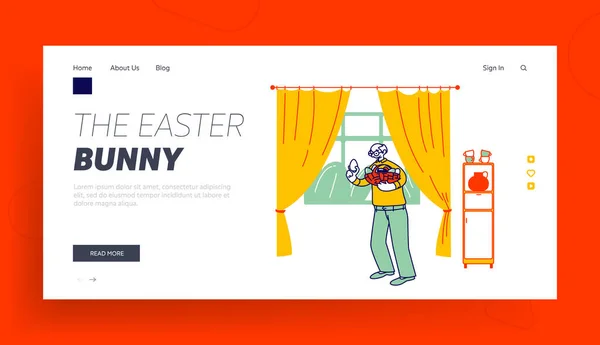 Senior Mann halten Korb mit verzierten Eiern für Ostern Landing Page Template. Christliche Tradition, Rentnercharakter Vorbereitung auf das Frühlingsfest, Kreativität. Lineare Vektorillustration — Stockvektor