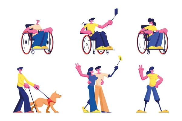 Mozgássérült emberek életstílusa. Férfi és női fogyatékos karakterek Fiatal és idős férfiak és nők kerekesszéken lovagolnak, kutyakalauzzal sétálnak, selfie-t csinálnak, barátokat ismernek meg. Rajzfilm vektor illusztráció — Stock Vector