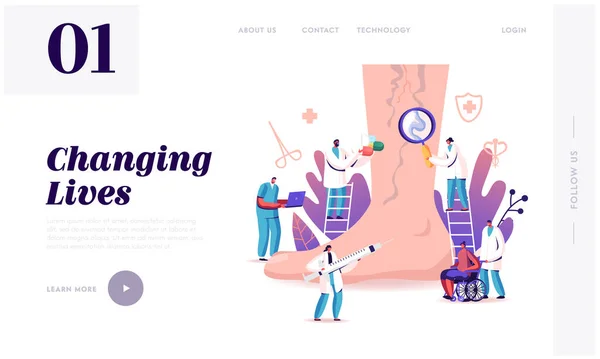 Trombosis venosa, tratamiento varicoso Plantilla de landing page. Pequeños personajes médicos con instrumentos médicos y medicamentos a un pie enorme con venas enfermas, atención médica. Dibujos animados Gente Vector Ilustración — Vector de stock