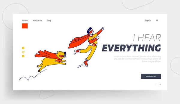 Happy Boy und Hund Superhelden Charaktere Flying Landing Page Vorlage. Kid Super Hero in rotem Mantel und Brille bereit zu gewinnen. Happy Smiling Child Erfolg, Gewinner, Führung. Lineare Vektorillustration — Stockvektor