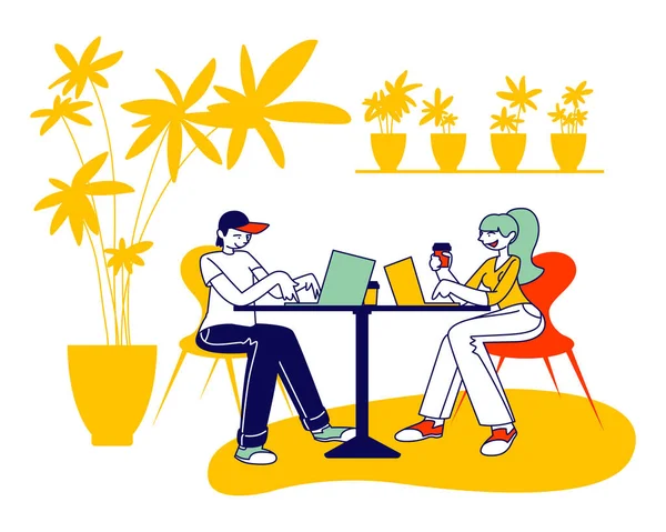 Молодий чоловік і жінка персонажі розслабляються в кафе сидячи за столом з кавовими чашками, що працюють на ноутбуці. Люди відвідують ресторан, клієнти в рекреаційному місці, фрілансери. Лінійні Векторні ілюстрації — стоковий вектор