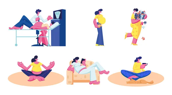 Set van gelukkige zwangere vrouw wachten baby oefening in Gym, een bezoek aan echografie, Vrouwelijke karakter Fitness Sport Activiteit, Yoga Meditatie in Lotus Pose, Drink thee. Cartoon People Vector Illustratie — Stockvector