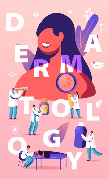 Conceito de Dermatologia. Médicos minúsculos Personagens ao redor de mulher enorme com problemas de pele. As pessoas visitam a Clínica de Tratamento e Procedimentos Cosmetológicos Poster Banner Flyer. Desenhos animados Vector Ilustração — Vetor de Stock