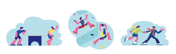 Set of People Sport Activity, Characters Climbing Wall, Playing Ping Pong and Skating on Ice Rink. Man and Woman in Recreation Area for Sports Training and Leisure Games. Cartoon Vector Illustration