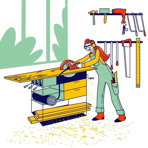 Vrouw werkt in timmerwerk winkel concept. Meisje timmerman Karakter dragen Overalls en beschermende glazen Werken met apparatuur en elektrische zaag op houten tafel snijplank. Lineaire vectorillustratie — Stockvector