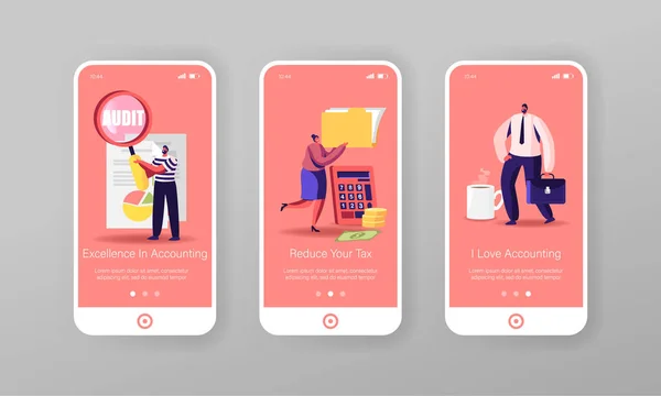 Audit Analysis Inspection Mobile App Page Onboard Screen Template. Tiny People Characters Analying Accounting Data, Earnings Savings Report and Business Statement Concept. 카툰 Vector Illustration — 스톡 벡터