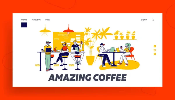 La gente pasa tiempo libre con Gadgets en Café Landing Page Template. Amigos Personajes Reunión en el bar, la gente tiene un descanso para tomar café en el restaurante moderno Comunicarse, charlar. Ilustración de vectores lineales — Archivo Imágenes Vectoriales