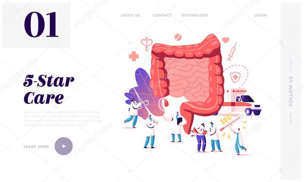 Appendix Pain, Appendicitis Disease Landing Page Template. Doctor Surgeon Character Help People with Abdominal Pain and Intestines Symptoms. Emergency Ambulance, Surgery. Cartoon Vector Illustration