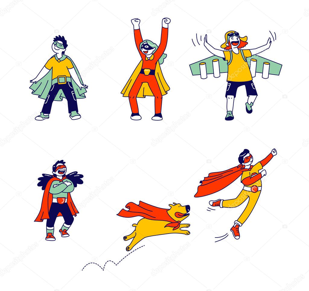 Set of Little Super Hero Kids Wearing Costumes and Red Cloak Having Fun and Playing with Dog Isolated on White Background. Children Characters Theater Performance. Linear People Vector Illustration