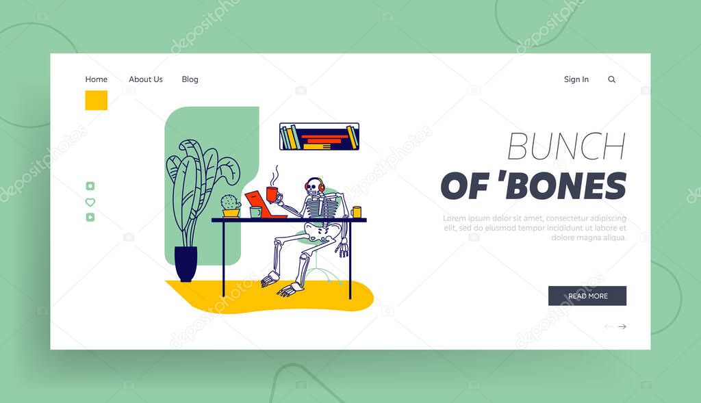 Workaholic at Job, Deadline or Work Overload, Commitment Landing Page Template. Skeleton Character in Headset Sitting at Office Desk with Coffee Cup Look in Laptop Screen. Linear Vector Illustration