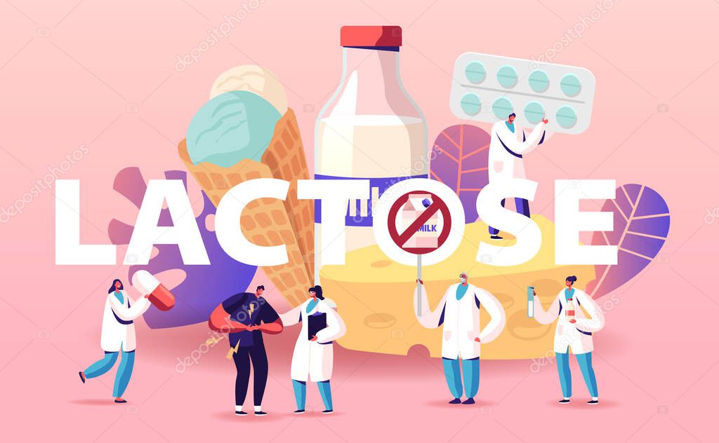 Lactose Intolerance Concept. Man Feel Bad in Stomach Visit Hospital for Treatment. Dairy Products Intolerant Character and Doctors. Health Care Poster Banner Flyer. Cartoon People Vector Illustration
