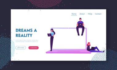 Nfv Ağ Fonksiyonu Virtüalizasyonu, Sanal Makine Teknolojileri İniş Şablonu. Dev Laptop 'ta Bilgisayarda Çalışan Karakterler Sanal Bulut Bilgisayarını Kullanıyor. Çizgi film Vektör İllüstrasyonu