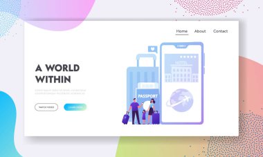 Turist Uygulama Servisi, Dijital Teknolojiler İniş Sayfa Şablonu. Mutlu Aile Anne, Baba ve Çocuk Karakterleri Biletleri ve Mobil Uygulama Oteli. Çizgi film İnsanları Vektör İllüstrasyonu