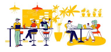 Arkadaş Karakterleri Toplantısı Kafe ya da Bar 'da. Modern Restoran İletişim, Sohbet ve Gadget 'larla Boş Zaman Geçirme' de Kahve Molası Veren Gençler Şirketi. Doğrusal Vektör İllüstrasyonu