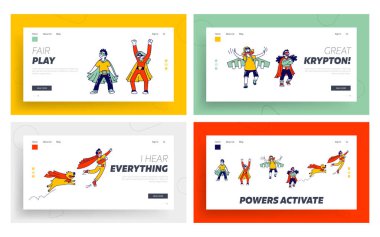 Komik Köpek İniş Sayfası Şablonu ile Süper Kahraman Çocuk Karakterleri Oynuyor ve Çizgi Romanlarda Eğleniyor. Çocuklar Okula Dönsün, Anaokulu Tiyatrosu Performansı. Doğrusal Vektör İllüstrasyonu