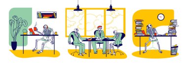 İşkolik ve Aşırı Yükleme İşçileri Konsepti. İskeletler, İş Karakterleri ve Ofiste Yaşayan İnsanlar. Pazarlık, evrak işleri, kahve içmek. Ölene kadar çalış, Deadline. Doğrusal Vektör İllüstrasyonu