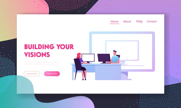 Wirtualne maszyny Computing Landing Page Template. Postacie Business People Siedzące w biurze Pracujące na komputerze przed ogromnym pulpitem z monitorem komputera na ekranie. Ilustracja wektora kreskówek — Wektor stockowy