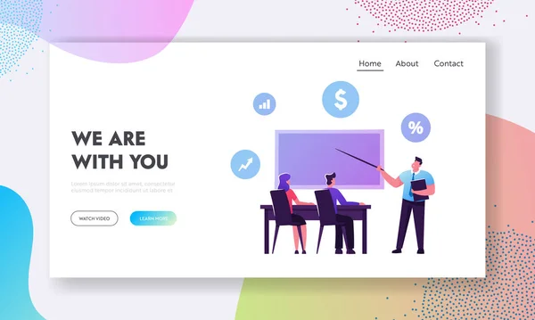 Utbildningslån, stipendiets landningssida mall. Eleverna tecken sitter vid skrivbordet lyssna lärare som förklarar lektion på svarta tavlan med finansiella ikoner. Tecknad människor vektor Illustration — Stock vektor