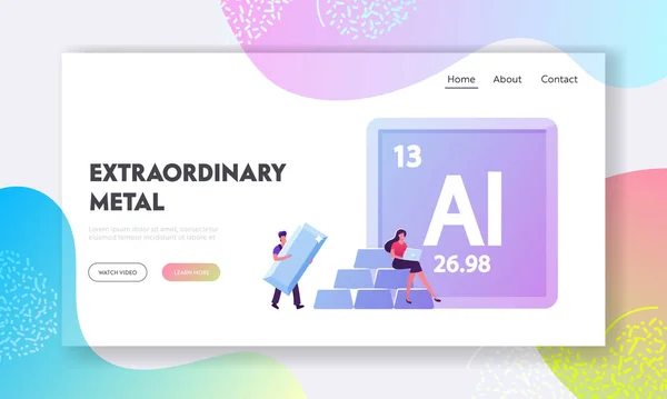 アルミニウムMendeleevテーブル化学元素ランディングページテンプレート。小さな男性の文字は、巨大なアルミバーを運ぶ,女性はノートパソコンで作業.生活の中で愛金属を使用して人々.漫画ベクターイラスト — ストックベクタ