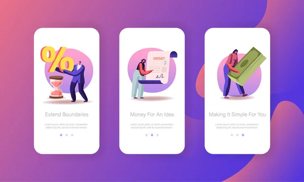 Banco empréstimo móvel App Page modelo de tela a bordo. Pessoas minúsculas Personagens Assinando Contrato Tomando Dinheiro Dívida com Taxa de Juros Enorme no Banco, Conceito de Problemas Financeiros. Desenhos animados Vector Ilustração — Vetor de Stock