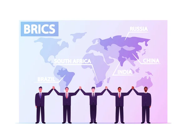 Brics Association of Major Emerging National Economies Brasil, Rusia, India, China, Sudáfrica. Líderes nacionales Personajes sosteniendo las manos en el mapa mundial Antecedentes. Dibujos animados Gente Vector Ilustración — Vector de stock