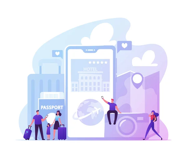 App for Tourists Concept. Happy People Go Travel Booking Tickets and Hotel Using Mobile Phone. Cestující Charakteristika se zavazadly v blízkosti obrovského mobilního telefonu s aplikací Trip. Cartoon Vector Illustration — Stockový vektor