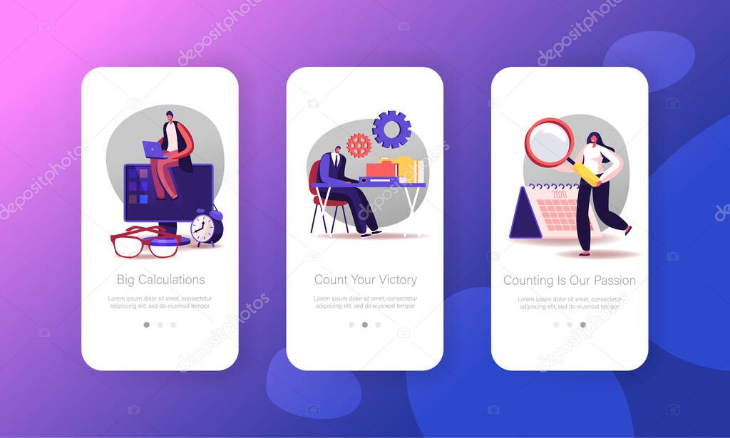 Audit Mobile App Page Onboard Screen Template. Financial Inspector and Secretary Characters Making Report Calculating Balance. Tiny People Auditing Tax Process. Concept. Cartoon Vector Illustration