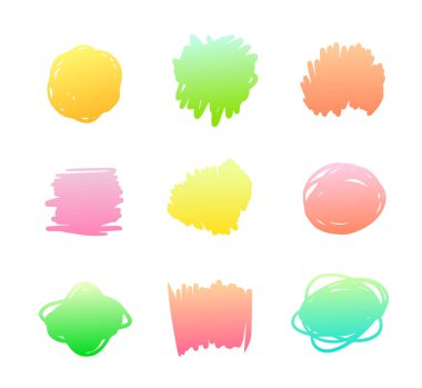 Gradyan Benekler, Beyaz Arkaplanda izole edilmiş çok renkli Blot Simgeleri, Parlak Boya Sarı, Pembe, Kırmızı ve Yeşil Renkler. Renkli Çizimler Tasarım Elementleri, Sketch Splashes. Vektör İllüstrasyonu
