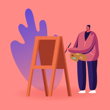 Easel Canvas Boyama 'da Boya Paleti ve Fırça Durağı ile Yetenekli Sanatçı Erkek Karakteri, Kalpten Meslek Seçin. Yaratıcı Hobi, Plein Air 'de Çizim, Sanat Sınıfı. Çizgi film Vektör İllüstrasyonu