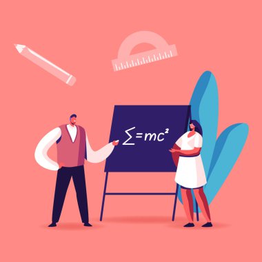 Öğretmen Erkek Karakteri Matematik veya Fizik Formülünü Genç Bayan Öğrenciye Karatahta Tebeşir ile Açıkla. Üniversitede ya da üniversitede yüksek öğrenim. Çizgi film İnsanları Vektör İllüstrasyonu
