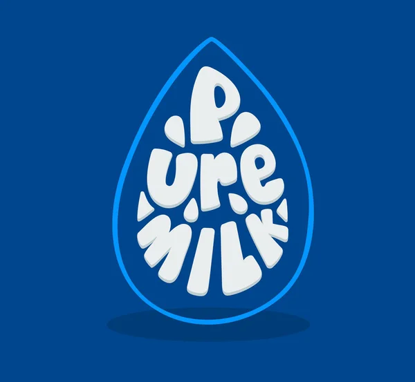 Banner con caída de gota y tipografía de leche pura sobre fondo azul. Cartel de Bebida Saludable, Pictograma. Elemento para el anuncio o el diseño orgánico del paquete de la bebida, promoción de la producción agrícola. Ilustración vectorial — Vector de stock