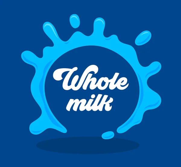 Complete Milk Banner of Label met Splash op Blauwe Achtergrond en Typografie. Healthy Food Concept, Dairy Product Icon, Symbool of Teken voor Poster Design. Pakket biologische productie. Vector Illustratie — Stockvector