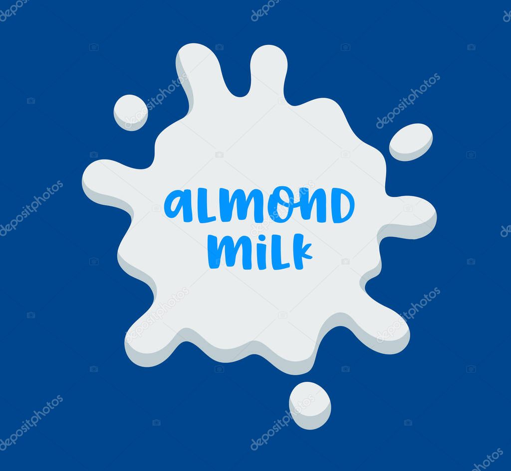 Almond Milk Banner, Icon with White Splash and Typography on Blue Background. Vegetarian Food Symbol, Nut Drink Concept. Eco Product Sign for Poster, Package or Flyer Design. Vector Illustration