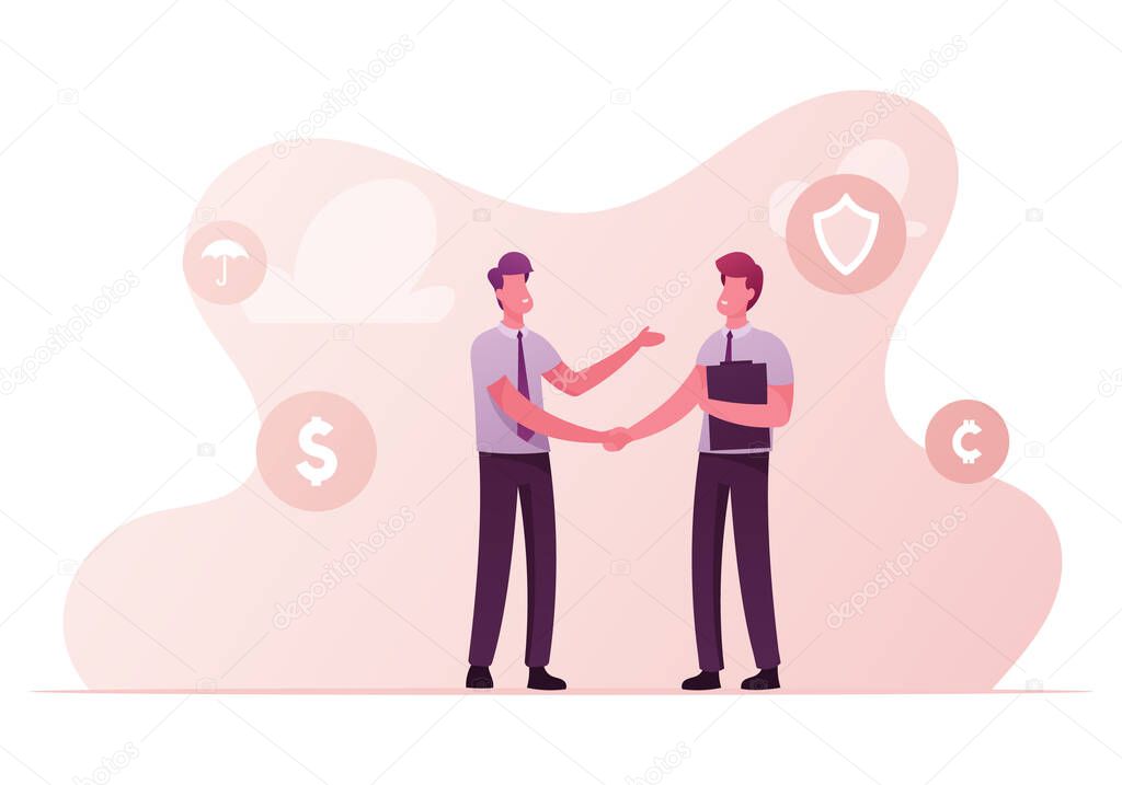 Aviation Accident Insurance Concept. Agent Character with File Folder in Hand Shake Hand to Client. Life and Health Financial Guarantee Contract, Handshake, Deal. Cartoon People Vector Illustration