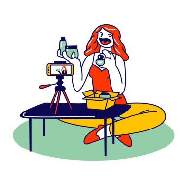 Genç Kız Güzellik Bülteni Karakteri Açık Paket Çekim Blog 'u Kozmetik Ürünleri için İnceleme Yapıyor Akıllı Telefon Kayıt Videosu Odasında Paketle Oturuyor. Doğrusal Vektör İllüstrasyonu