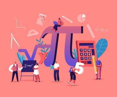 Matematik Bilimi Konsepti. Laboratuvarda Küçük Erkek ve Bayan Öğrenci Karakterleri ya da Büyük İşaret Pi 'de Okul Sınıfı Matematik Öğreniyor. Eğitim ve Yazı Formülleri Kazanan İnsanlar. Çizgi film Vektör İllüstrasyonu
