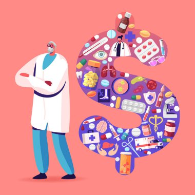 Kıdemli Doktor Karakteri Beyaz Cübbe Duruşu ve çapraz kolları ile Büyük Dolarlık Tıbbi Malzemeler, Uyuşturucular ve Eşyalar Tabelasının yanında duruyor. İlaç Fiyatı ve Hizmet Maliyeti Konsepti. Çizgi film Vektör İllüstrasyonu