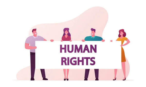 Human Right Concept. Protesting People with Placards and Signboard on Strike or Demonstration. Male and Female Characters Stand with Banner on Demonstration Riot, Picket. Cartoon Vector Illustration — Stock Vector