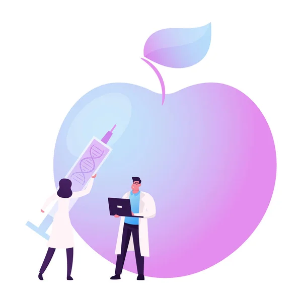 Biologi Genomteknik, lantbrukets genteknik Koncept. Forskare Karaktärer med Laptop och Syringe med Dna nära Enorma Genetiskt modifierat Apple. Tecknad människor vektor Illustration — Stock vektor