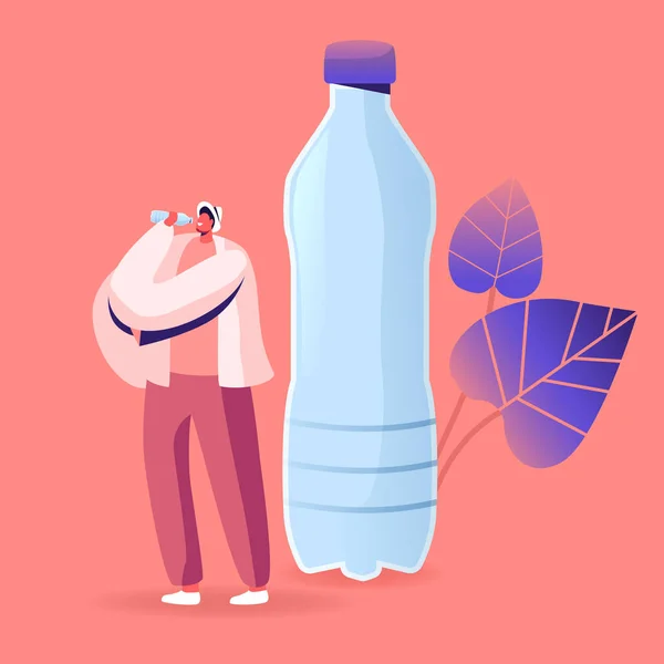 Крошечный мужской персонаж пьет бутылочную воду с микропластиковыми кусочками. Экологическое загрязнение Земли, микропластическое загрязнение, окружающая среда экосистемы планеты. Вектор мультипликации — стоковый вектор