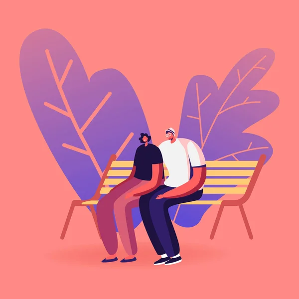 Jonge Loving Couple zit op de bank in City Park. Liefde, Buiten Zomer Reservetijd, Vrije tijd. Man en vrouw personages kiezen romantische liefdevolle relaties en gevoelens. Cartoon People Vector Illustratie — Stockvector