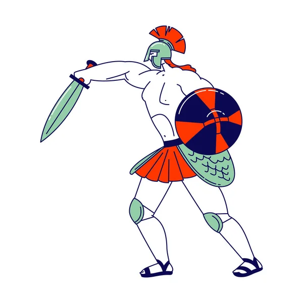 Soldado legionário, Roman Warrior Gladiator Vestindo Capacete Segurando Escudo Lutando na Arena Coliseu. História Antiga, Conto ou Show for Audience com Personagem Masculino Espartano. Ilustração Linear do Vetor —  Vetores de Stock