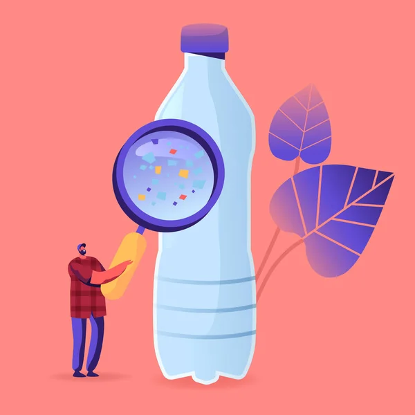 Liten man Karaktär med enorm förstoringsglas Tittar på flaska med mikroplast bitar flyter i dricksvatten. Ekologiska och Earth Nature Pollution Problem Concept. Tecknad vektor Illustration — Stock vektor