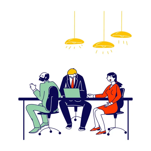 Vergadering van de ondernemingsraad van de fungerend directeur en de werknemers. Zakenmensen Karakters Brainstorming Group rond tabel Planing Start-up Project en het oplossen van financiële problemen. Lineaire vectorillustratie — Stockvector