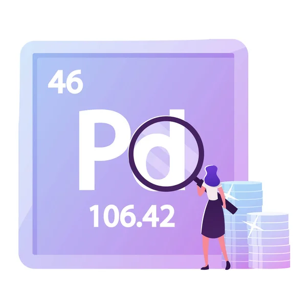 Liten kvinnlig karaktär Tittar genom enorma förstoringsglas på Palladium Mendeleev Table Chemical Element. Människor som använder Pd Metal i livet. Laboratorieforskning, kemi. Tecknad vektor Illustration — Stock vektor