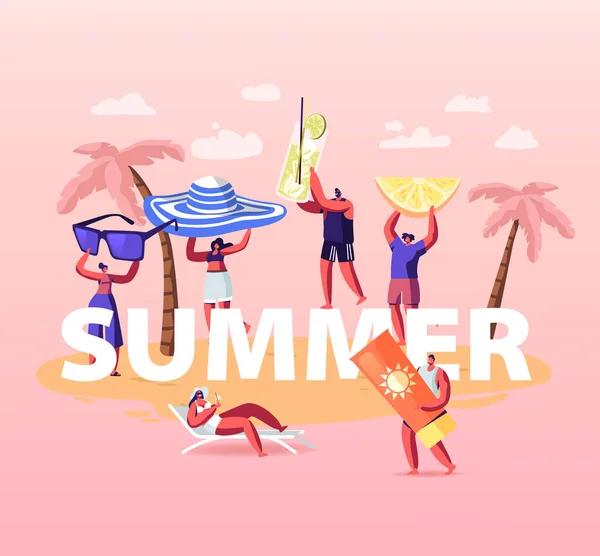 Sommerzeit-Konzept. Die Menschen genießen den Sommerurlaub, entspannen am Strand. Männliche und weibliche Charaktere bräunen sich am Strand von Exotic Resort Poster Banner Flyer. Zeichentrickvektorillustration — Stockvektor