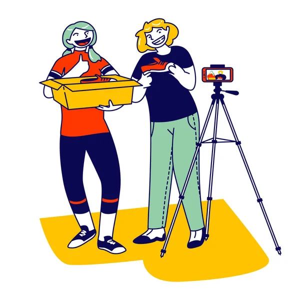 Girls Video Bloggers Characters Make Review for Internet Society Unpacking Box with Modern Shoes. Blogging Unboxing Broadcast, Expertise, Advertising Fashion Promo. Linear People Vector Illustration — Stock vektor