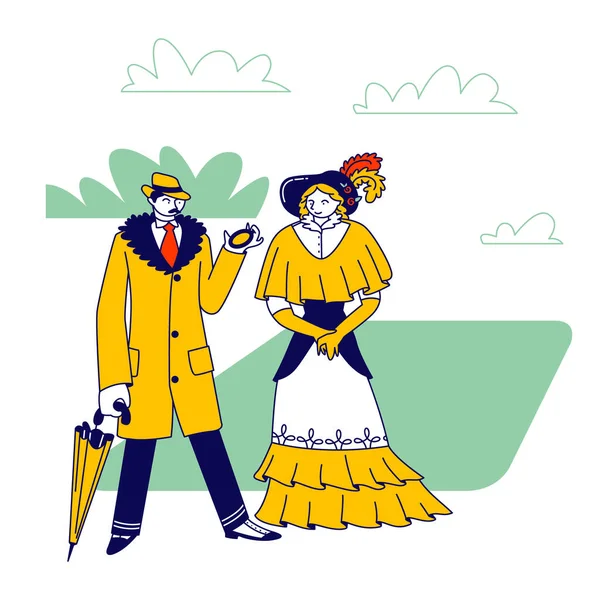 优雅的男人丹迪和维多利亚时代的女人穿着紧身衣的绅士和衣袋里的帽匠手握雨伞穿长衣的女士。古老时尚的人物。直线人传病媒介说明 — 图库矢量图片