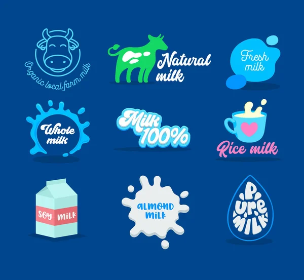 Kolekcja ikon produktów mlecznych i mlecznych z typografią. Fresh Natural Food Emblem Design, Splashes, krowa. Opakowanie kartonowe z mlekiem sojowym, Puchar z napojem Izolowany na niebieskim tle. Ilustracja wektora — Wektor stockowy